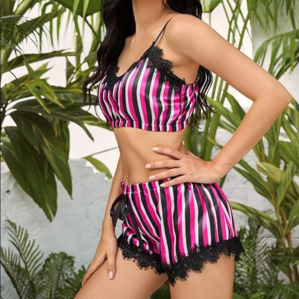 New Pink & White Stripe Satin Silk-Like PJ Set​ - Picture 4 of 5